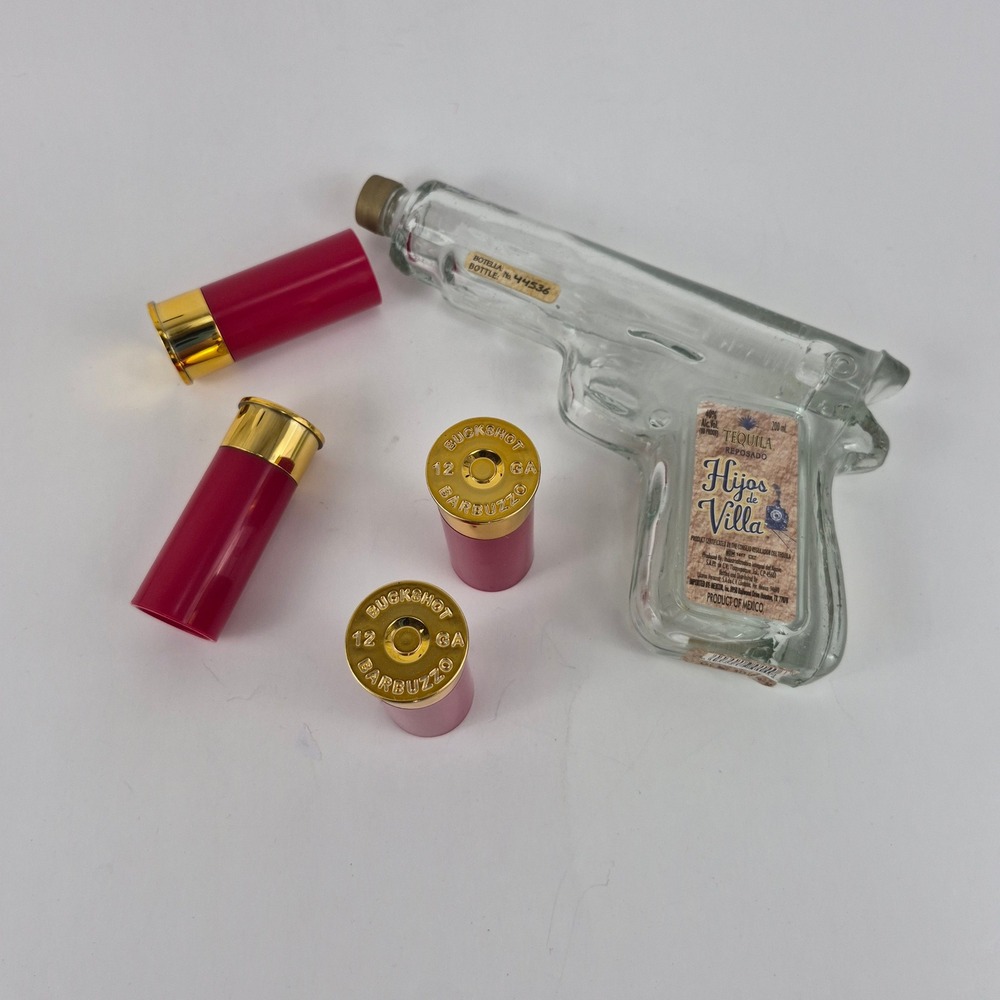 EMPTY Hijos de Villa Tequila Pistol Bottle 200ml & 4 Buckshot Shot Glasses
